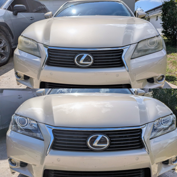 Before and after headlight restoration on 2013 Lexus GS350 in Broward County FL